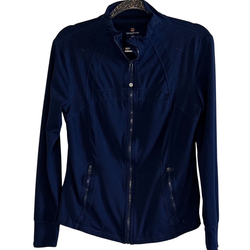 Tangerine Womens Navy Blue Full Zip Perforated Active Jacket Mock Neck Large
